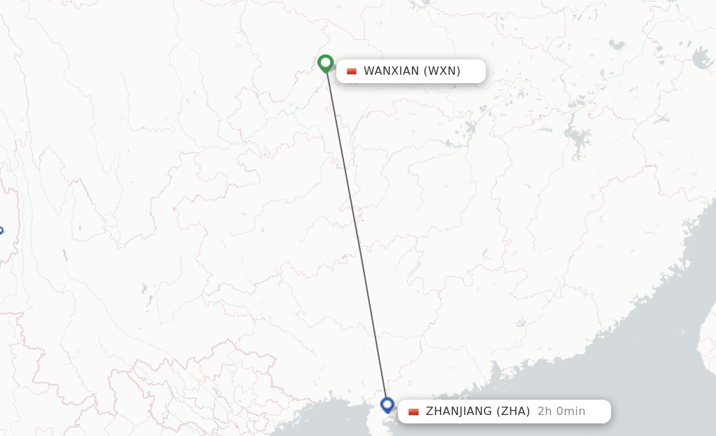 Flights from Wanxian to Zhanjiang route map