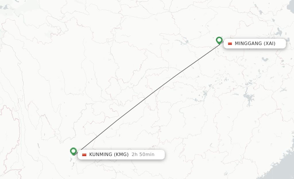 Flights from Xinyang to Kunming route map