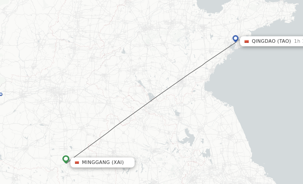 Flights from Xinyang to Qingdao route map