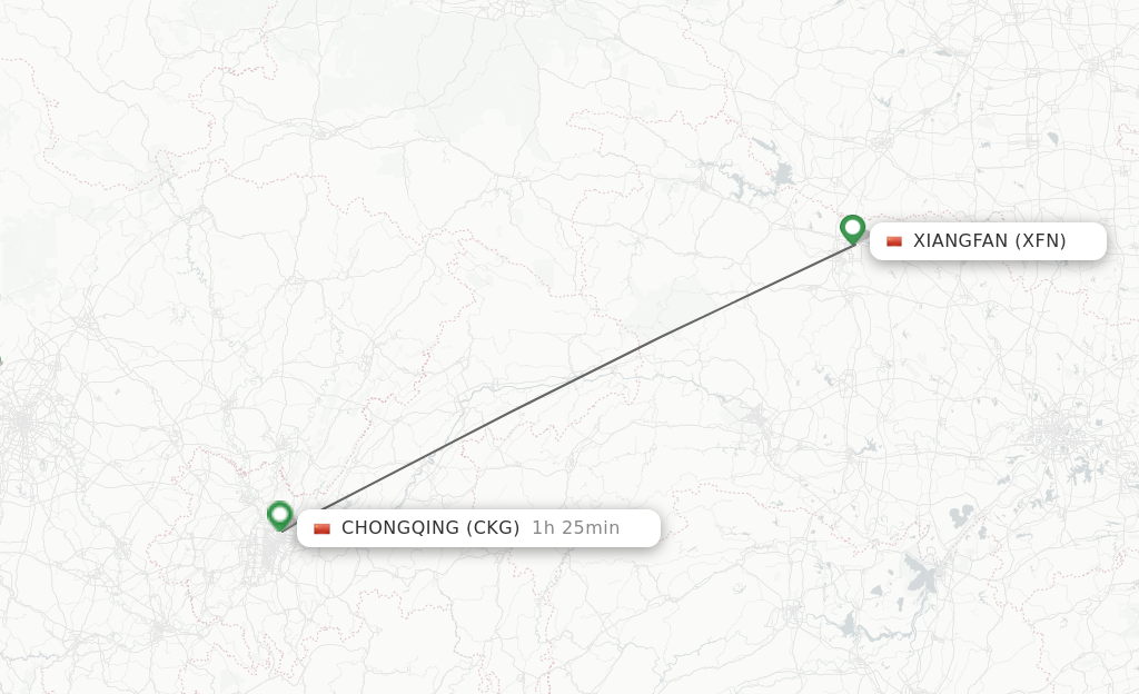 Flights from Xiangyang to Chongqing route map