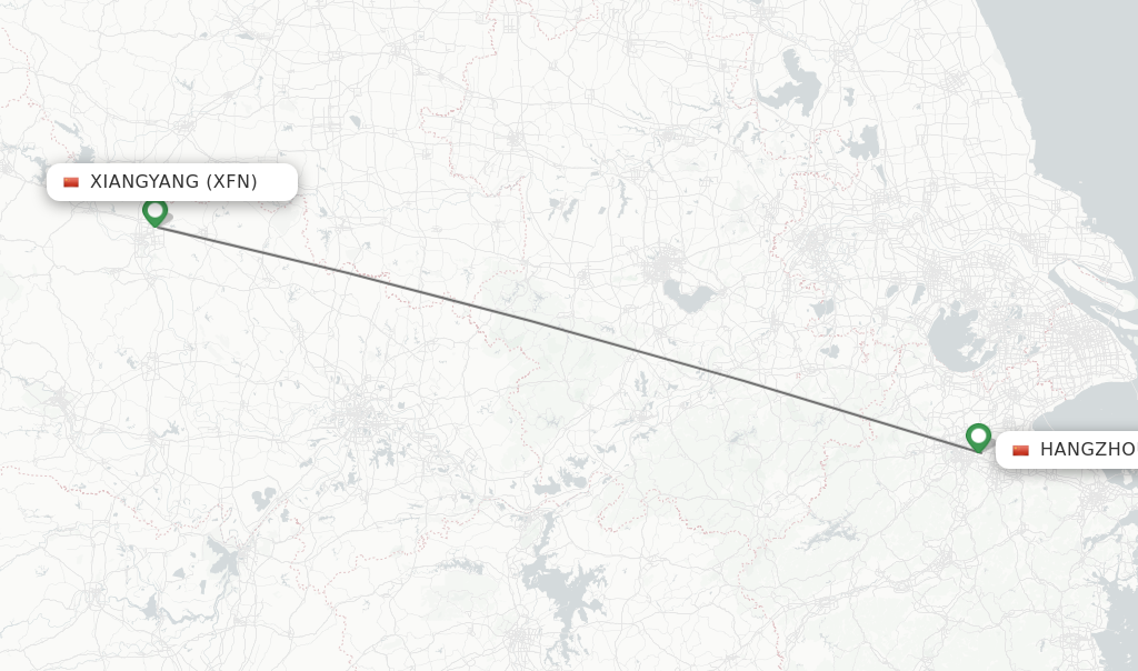 Flights from Xiangyang to Hangzhou route map