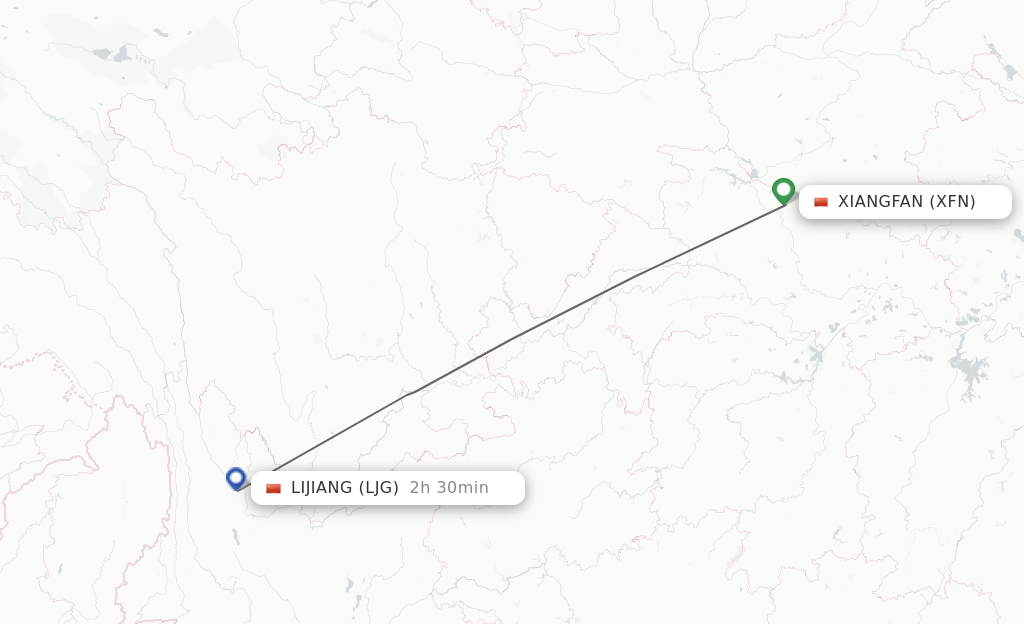 Flights from Xiangyang to Lijiang route map