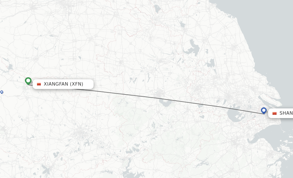 Flights from Xiangyang to Shanghai route map