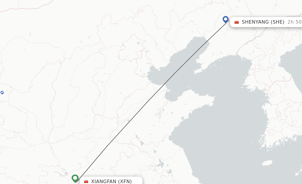 Flights from Xiangyang to Shenyang route map