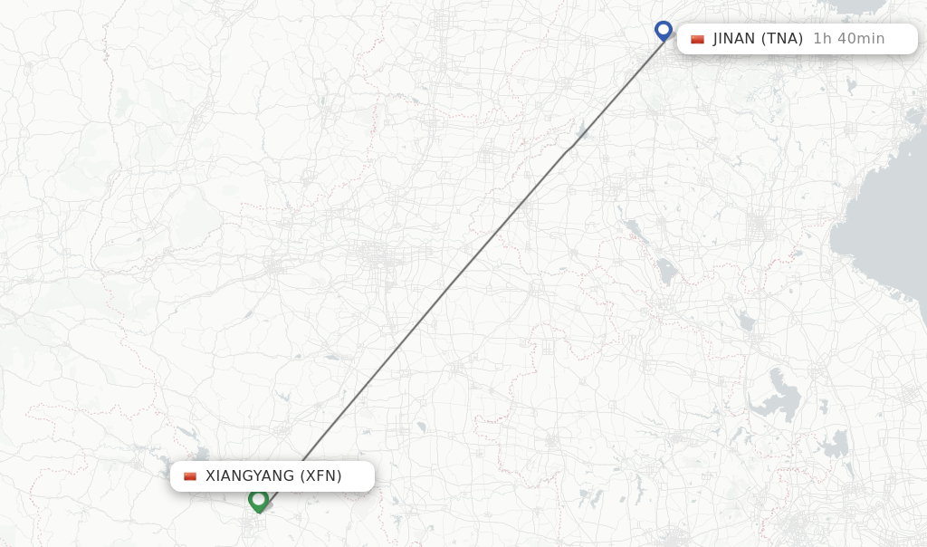 Flights from Xiangyang to Jinan route map
