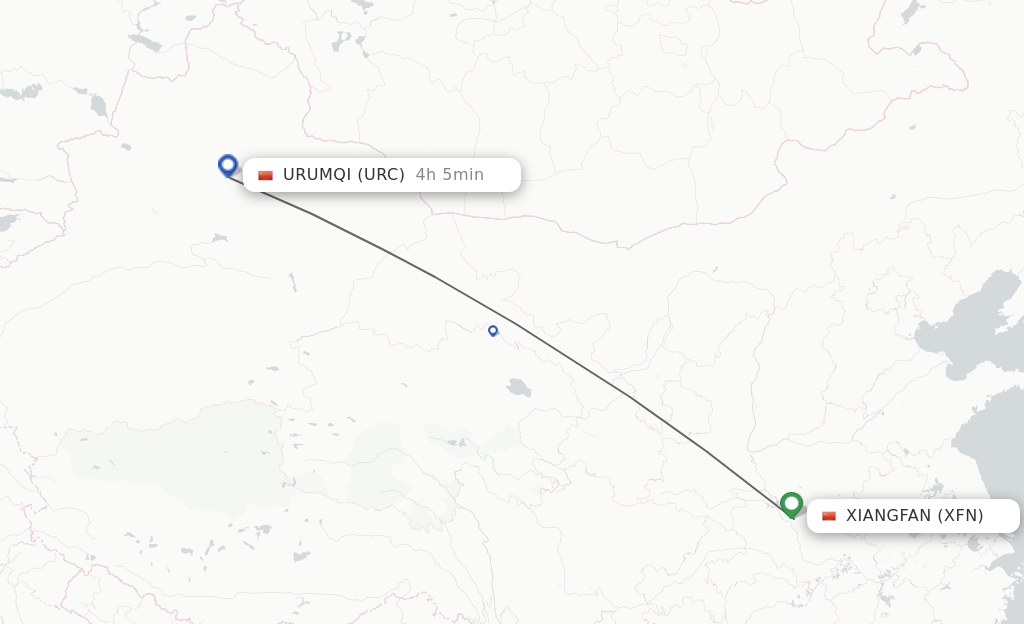Flights from Xiangyang to Urumqi route map