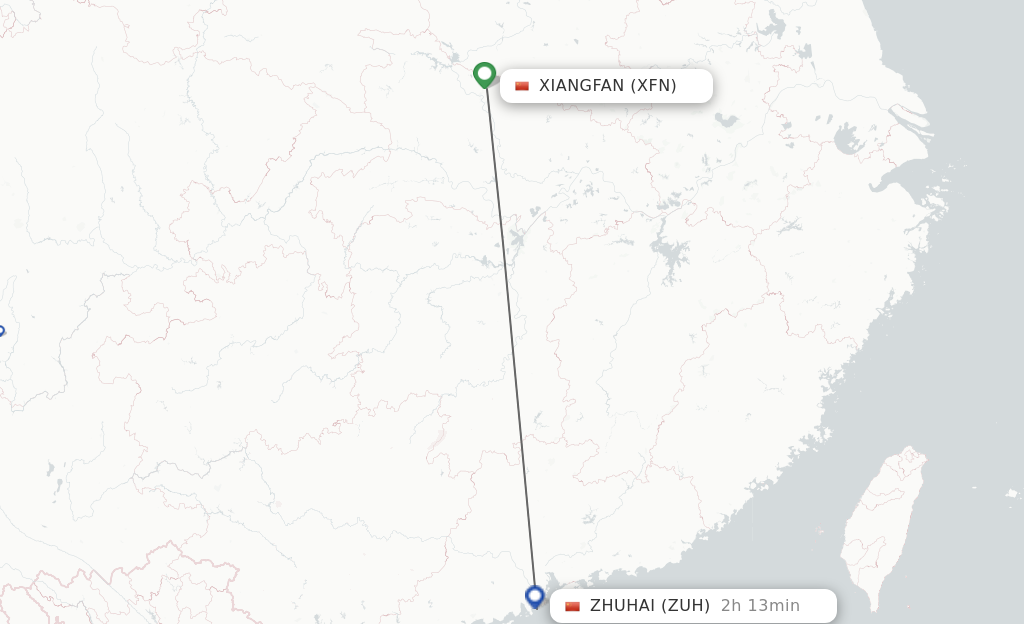 Flights from Xiangyang to Zhuhai route map