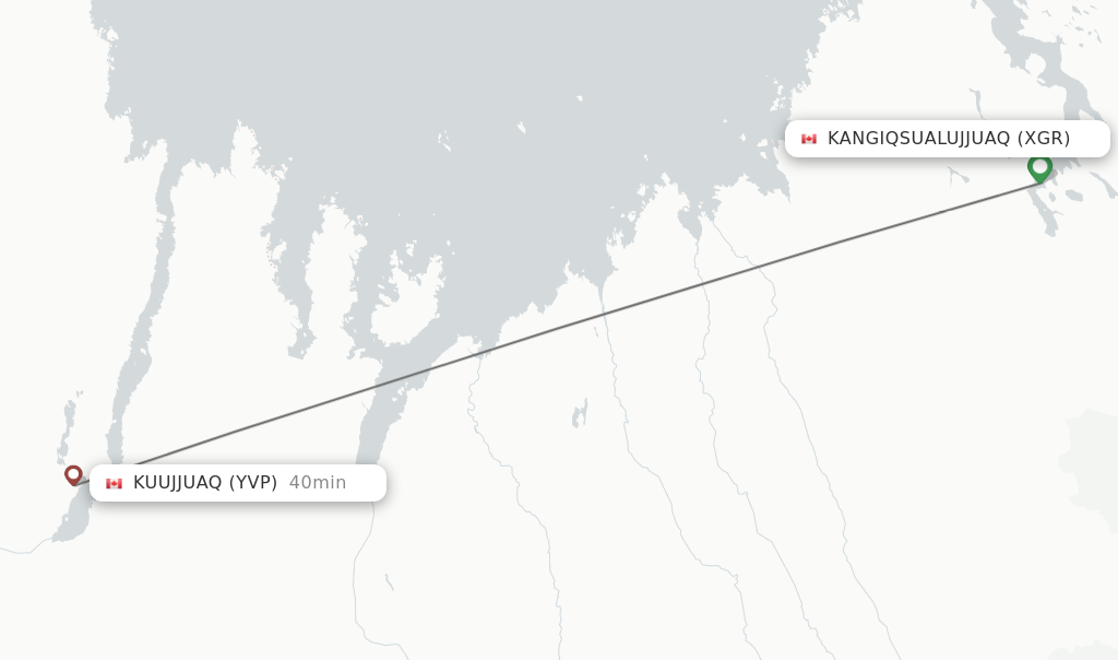Flights from Kangiqsualujjuaq to Kuujjuaq route map