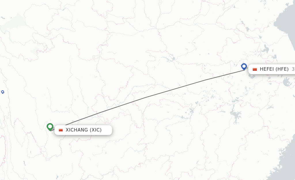 Flights from Xichang to Hefei route map