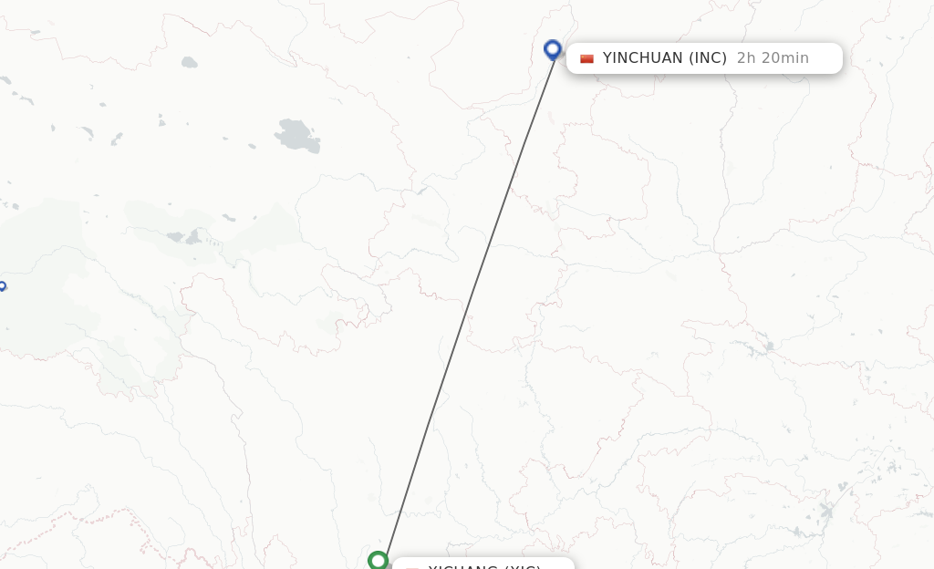 Flights from Xichang to Yinchuan route map