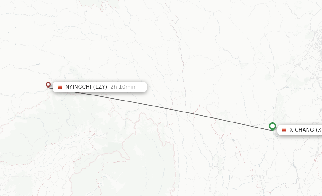 Flights from Xichang to Nyingchi route map