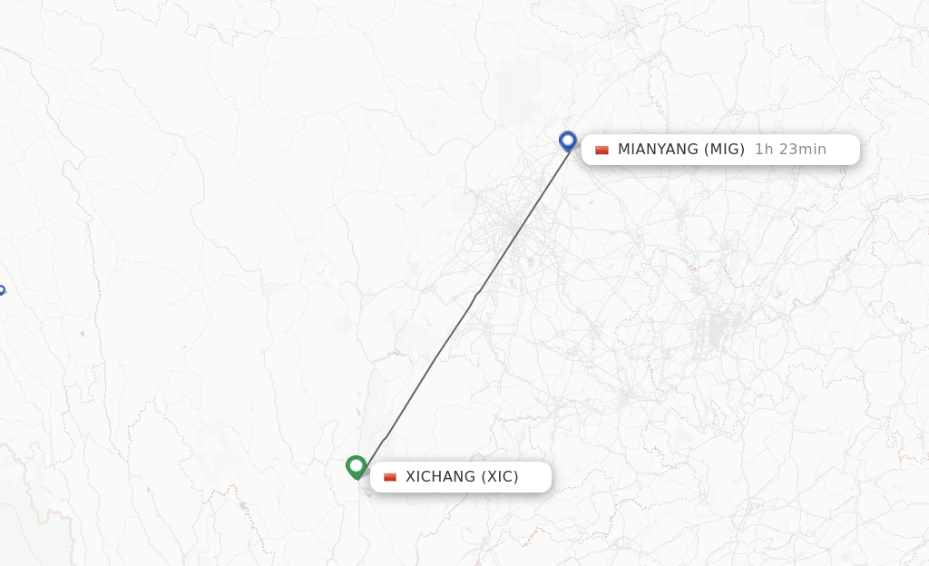 Flights from Xichang to Mian Yang route map