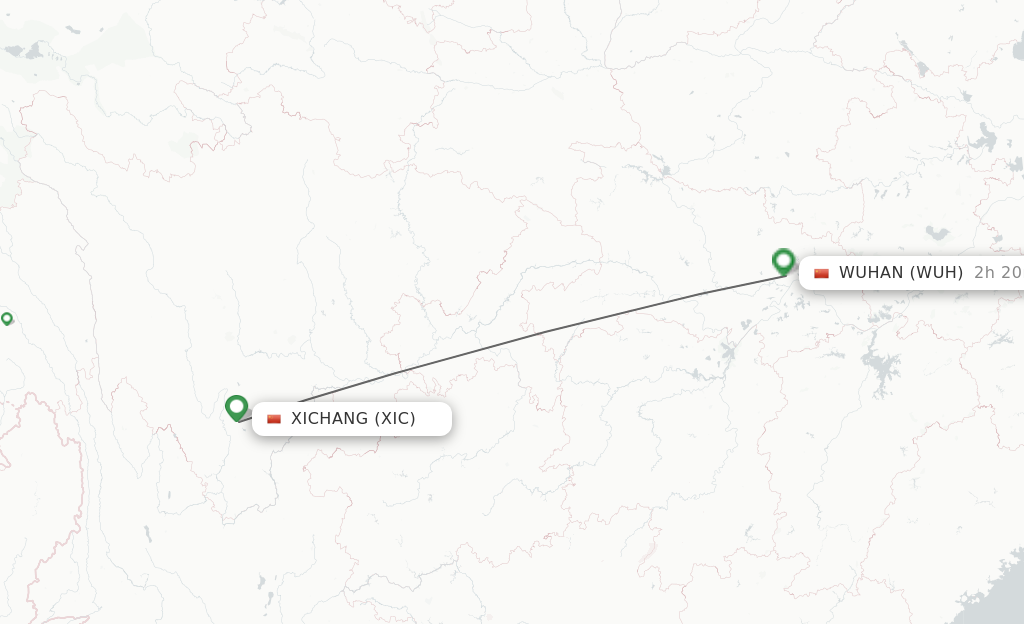 Flights from Xichang to Wuhan route map