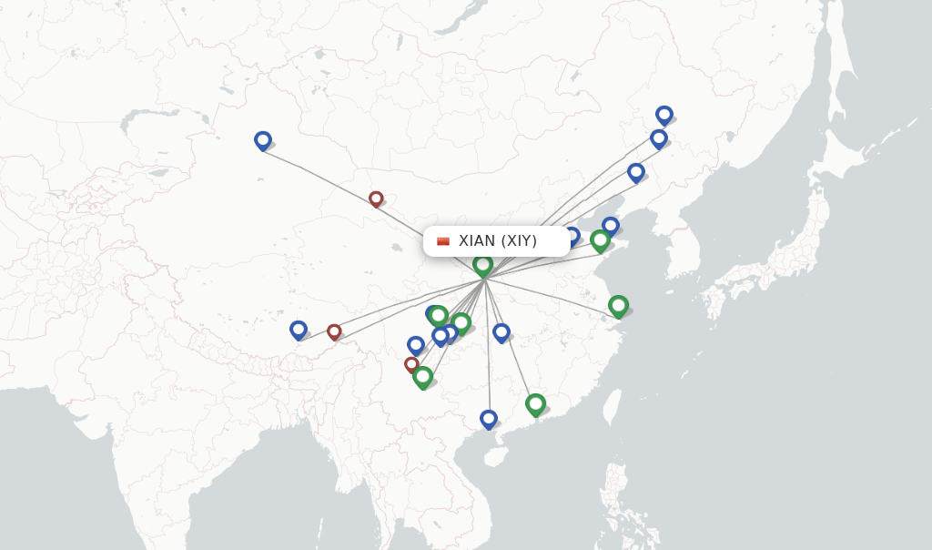 Route map with flights from Xian with Sichuan Airlines