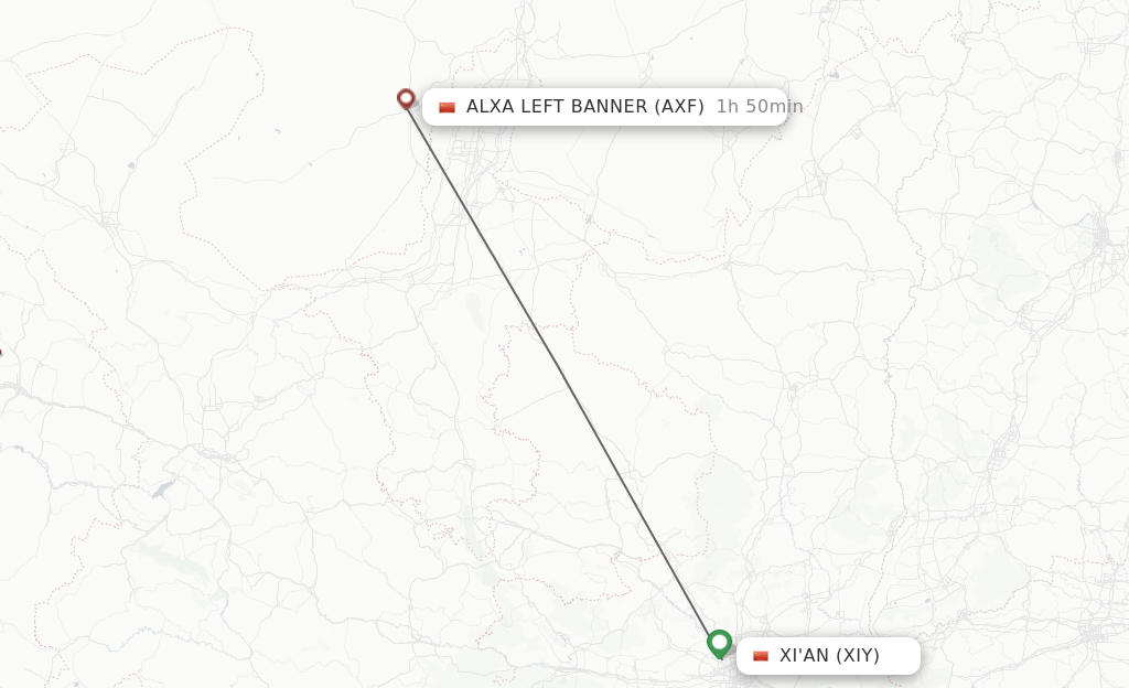 Flights from Xian to Alxa Left Banner route map