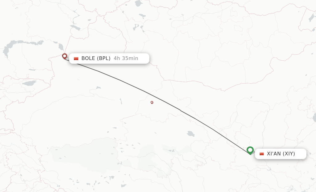 Flights from Xian to Bole route map