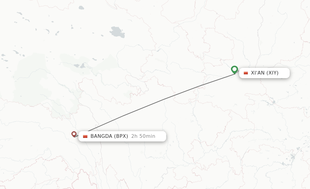 Flights from Xian to Bangda route map