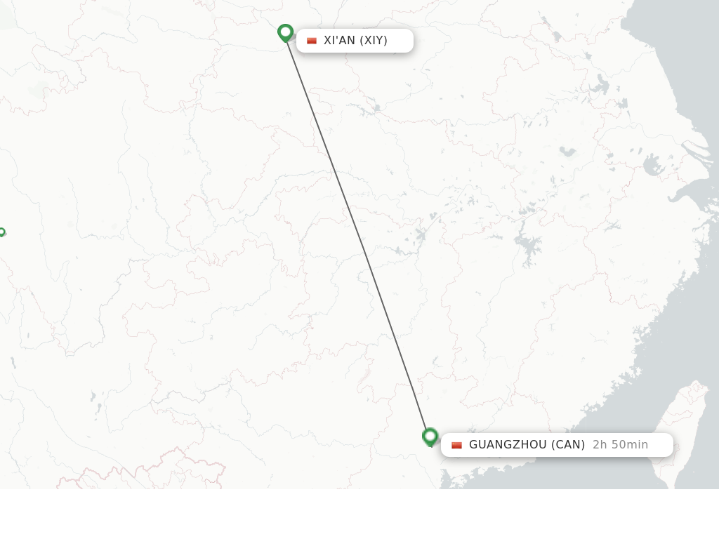 Flights from Xi'an to Guangzhou route map