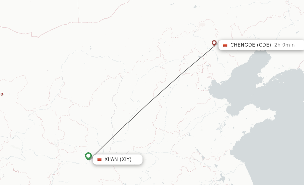 Flights from Xian to Chengde route map