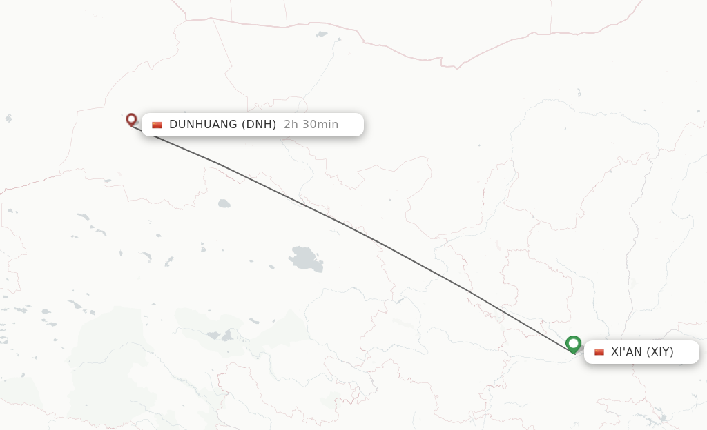 Flights from Xian to Dunhuang route map