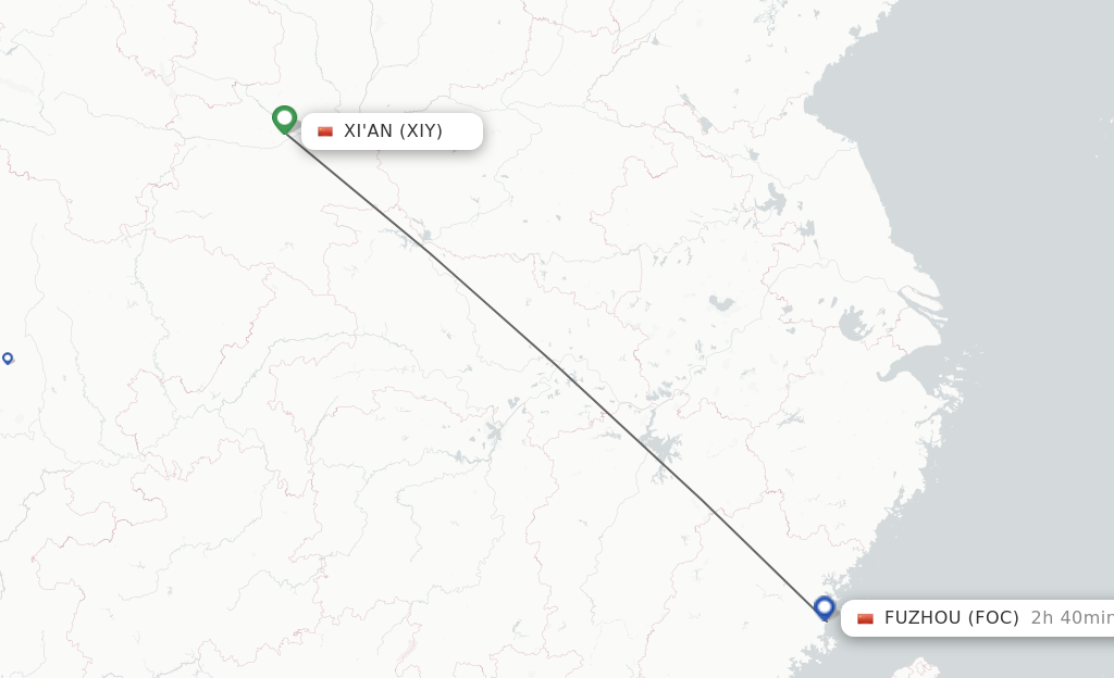 Flights from Xian to Fuzhou route map