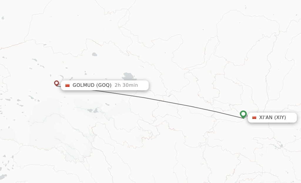 Flights from Xian to Golmud route map