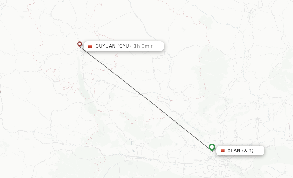Flights from Xian to Guyuan route map