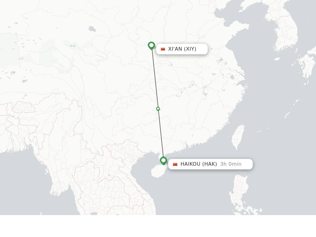 Flights from Xian to Haikou route map