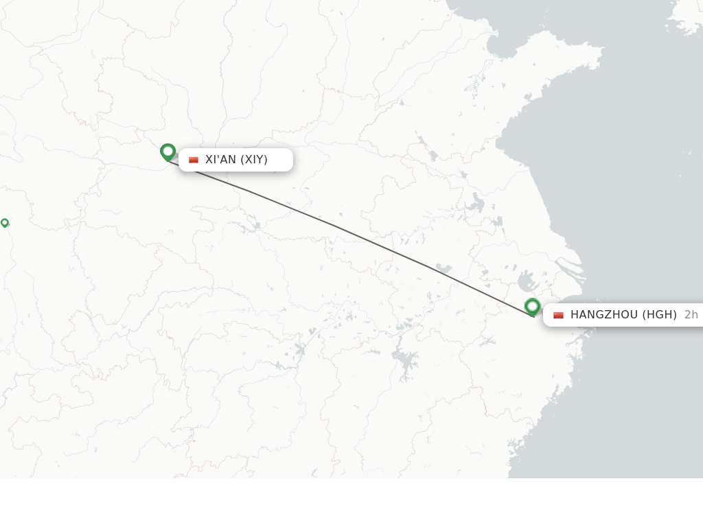 Flights from Xian to Hangzhou route map