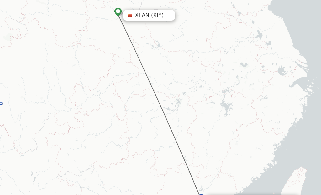 Flights from Xian to Huizhou route map