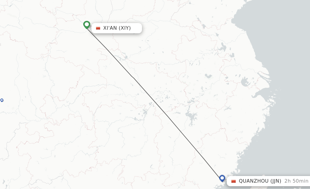 Flights from Xian to Jinjiang route map
