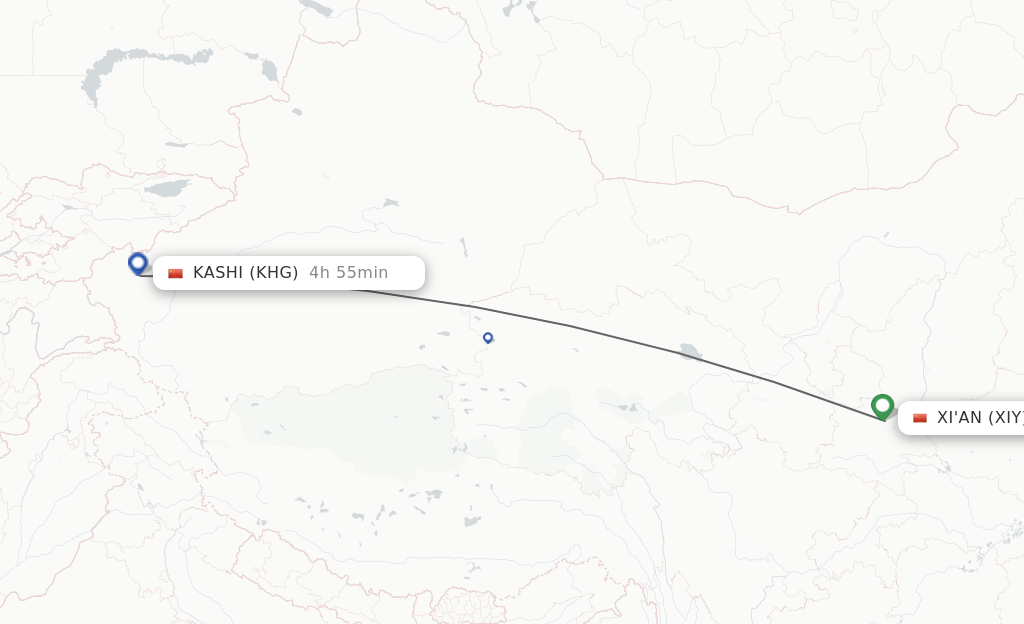 Flights from Xian to Kashi route map