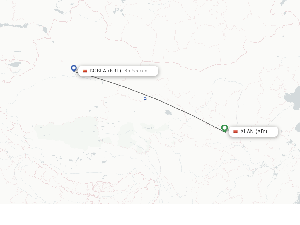 Flights from Xian to Korla route map