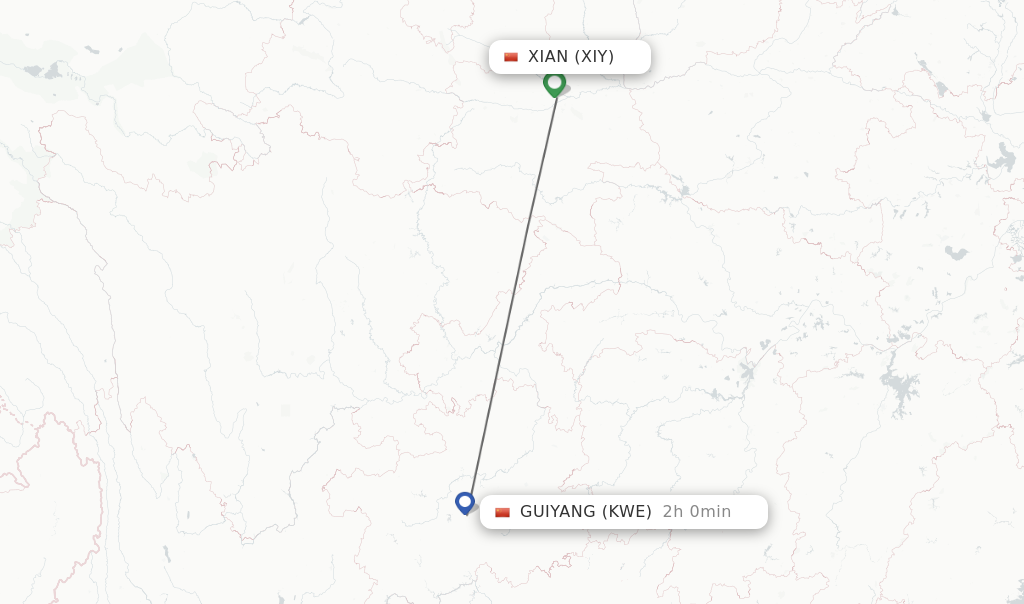 Flights from Xian to Guiyang route map