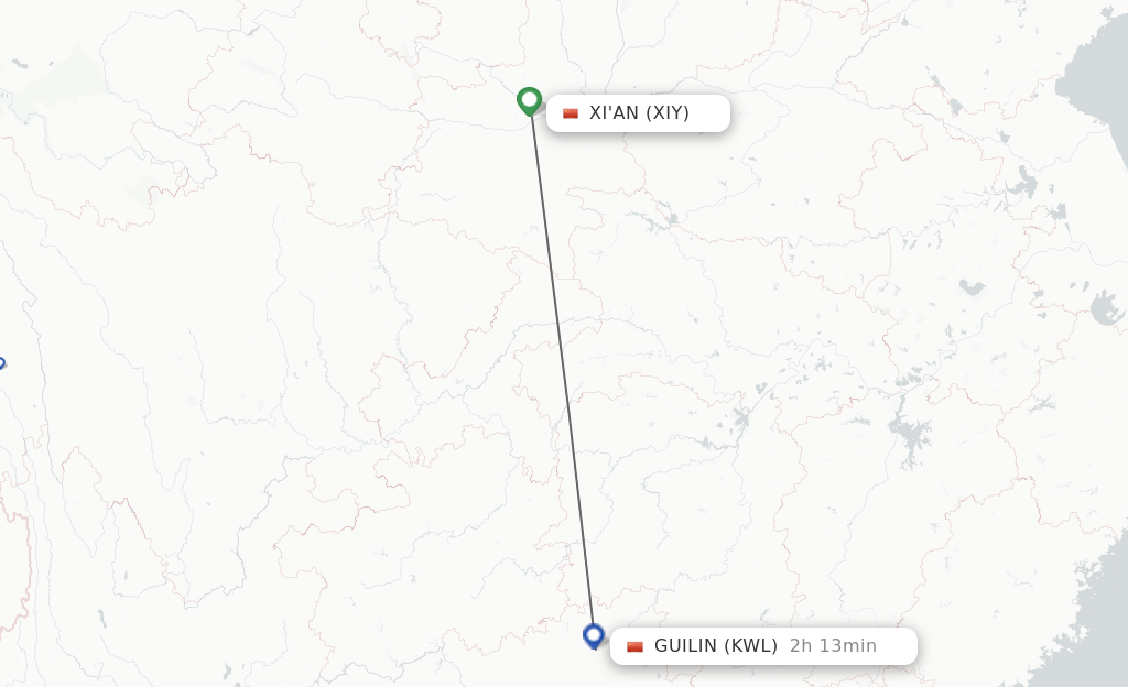 Flights from Xian to Guilin route map