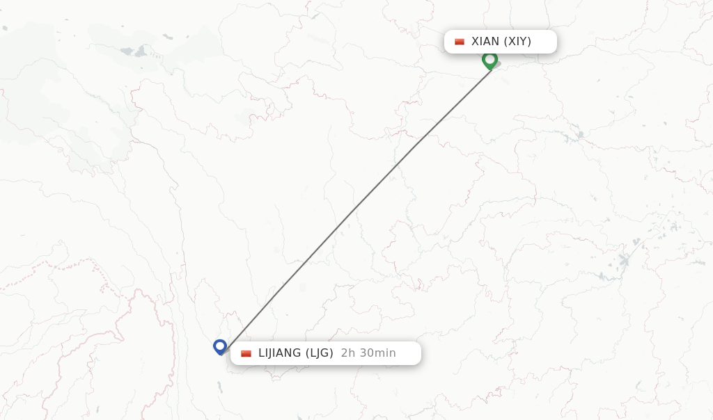 Flights from Xian to Lijiang route map