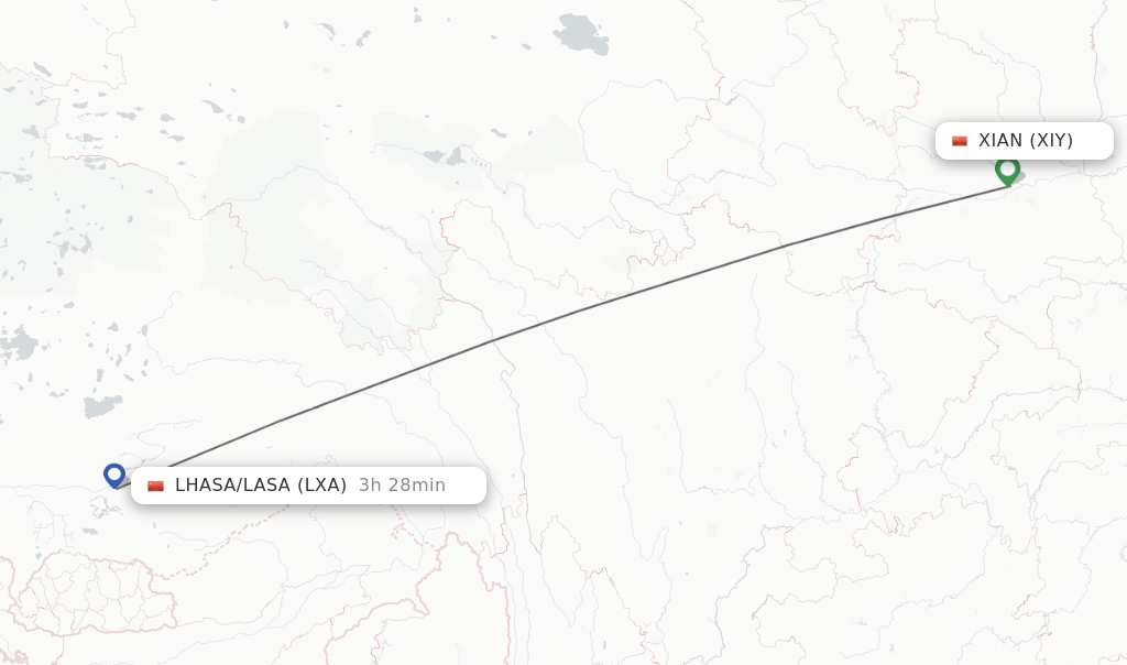 Flights from Xian to Lhasa/Lasa route map