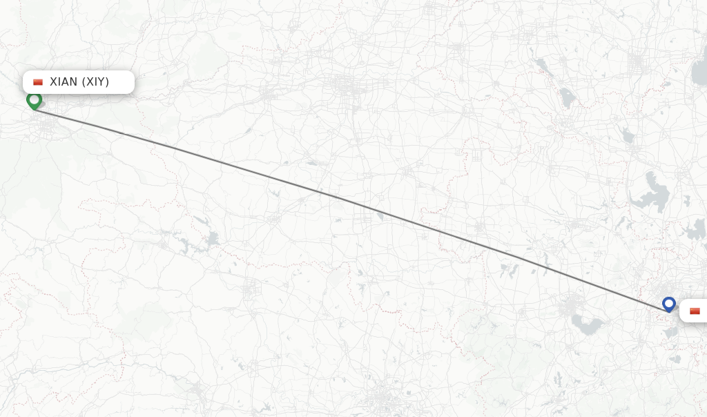 Flights from Xian to Nanjing route map