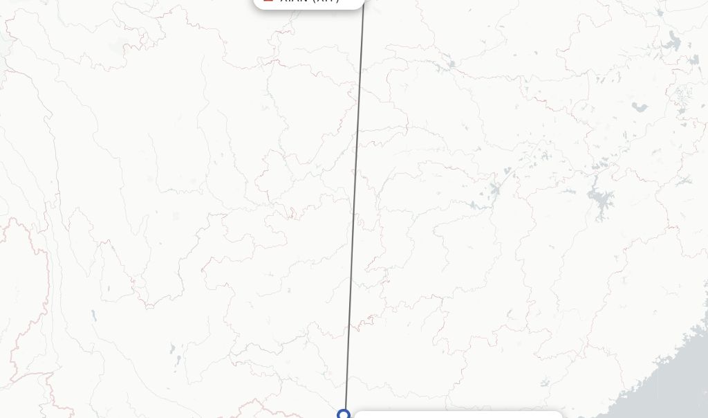 Flights from Xian to Nanning route map