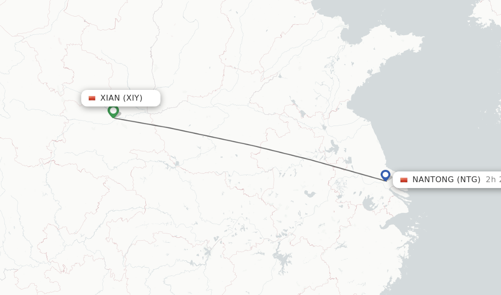 Flights from Xian to Nantong route map