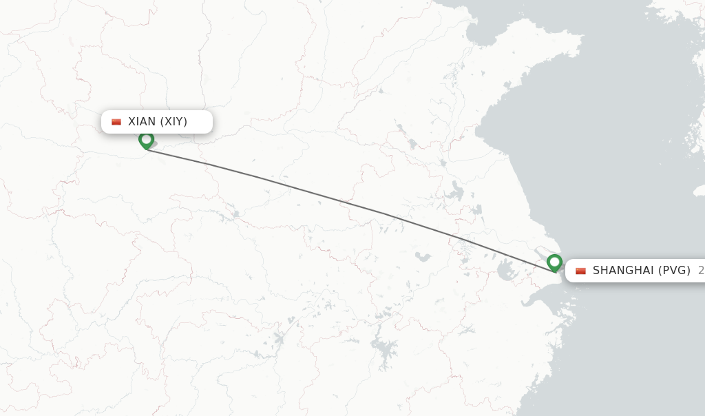 Flights from Xian to Shanghai route map
