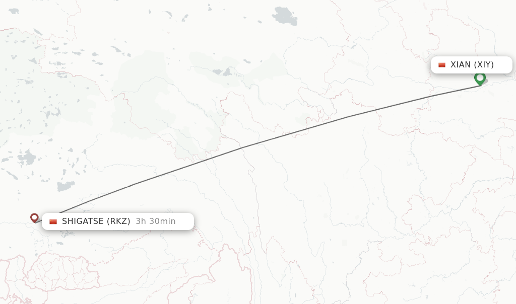 Flights from Xian to Shigatse route map