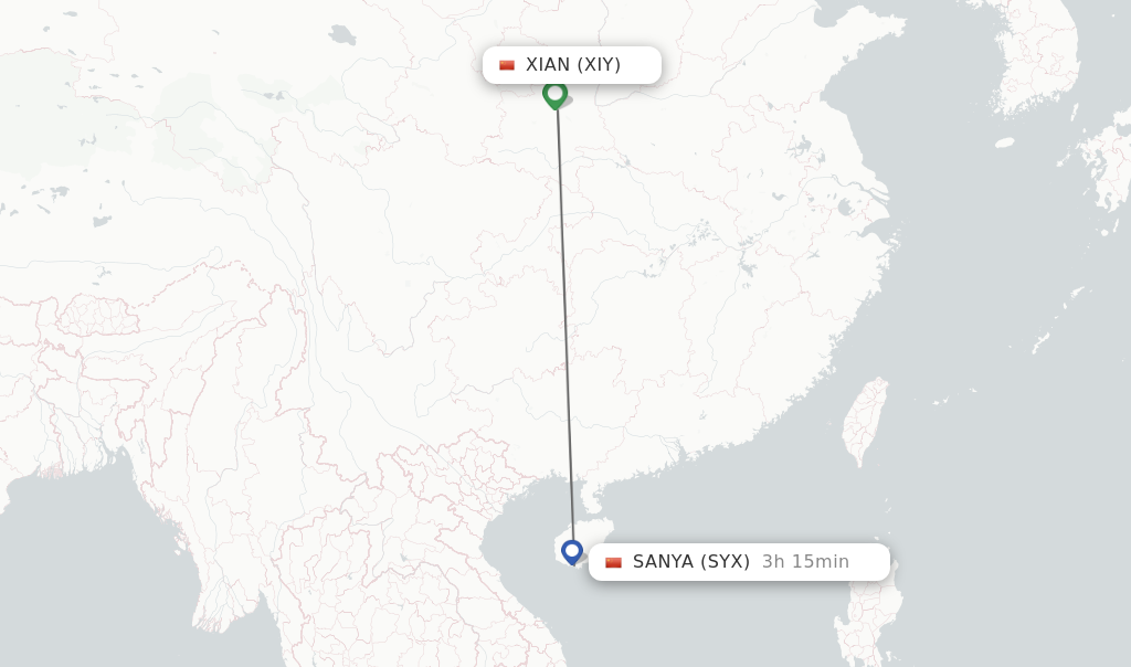 Flights from Xian to Sanya route map