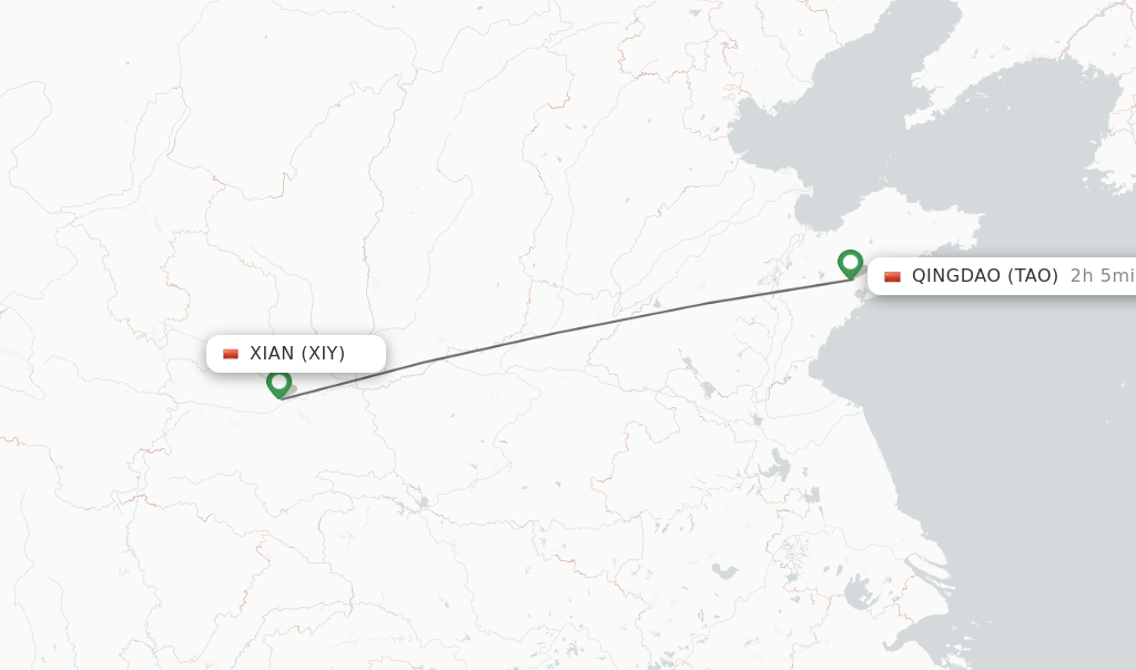 Flights from Xian to Qingdao route map