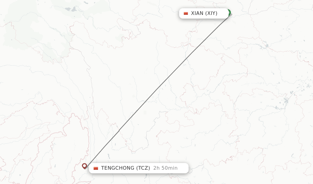 Flights from Xian to Tengchong route map