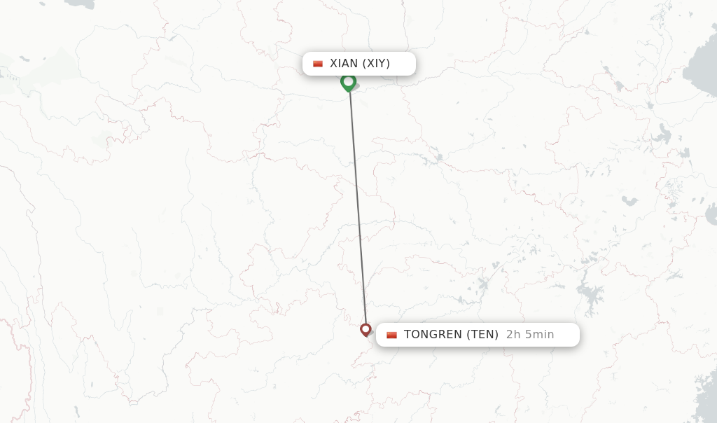 Flights from Xian to Tongren route map