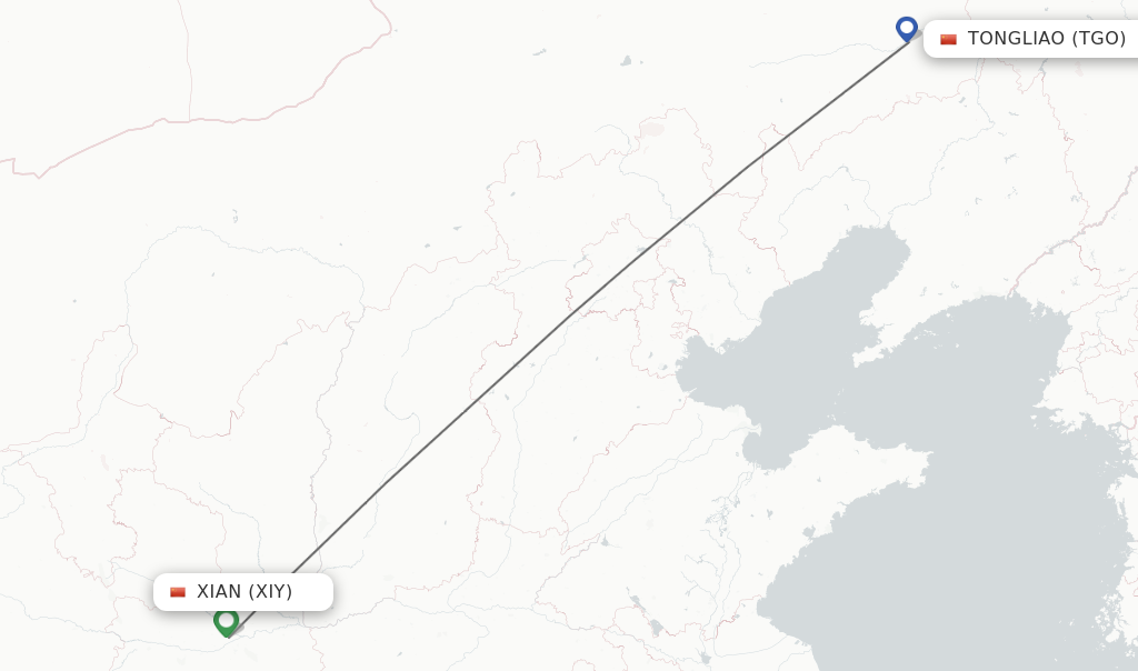 Flights from Xian to Tongliao route map