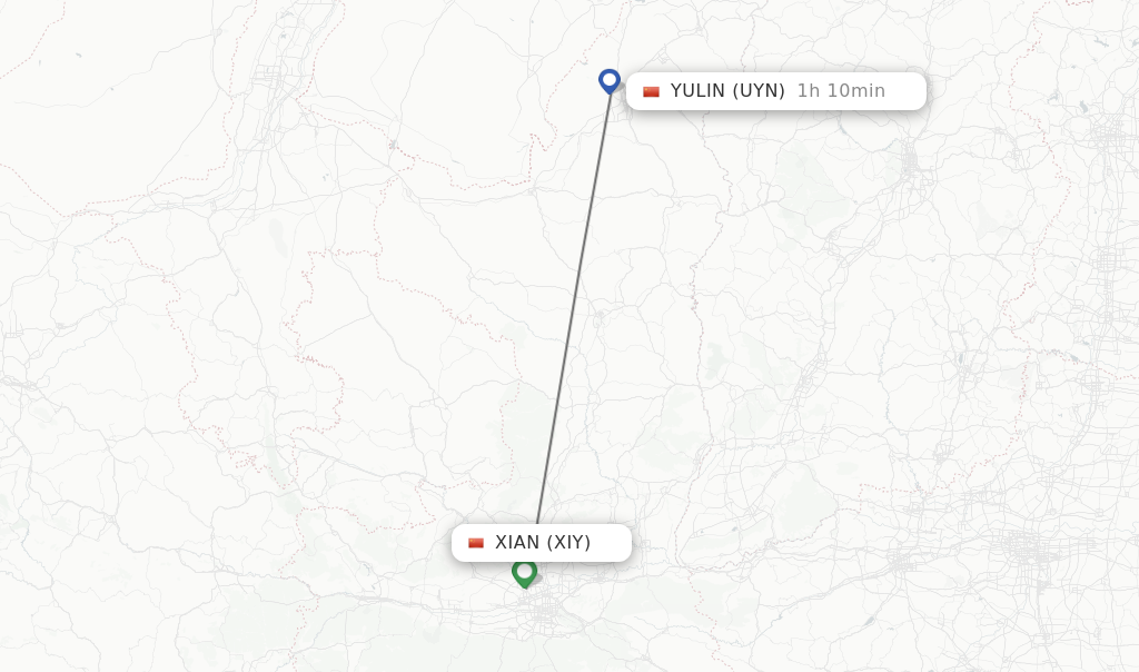 Flights from Xian to Yulin route map