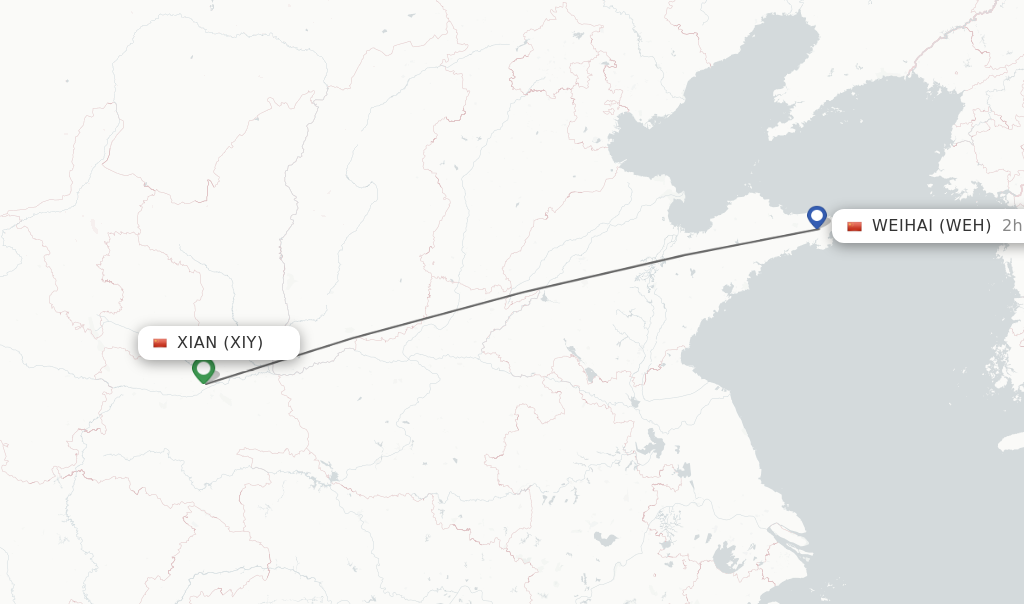 Flights from Xian to Weihai route map