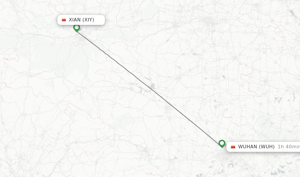 Flights from Xian to Wuhan route map